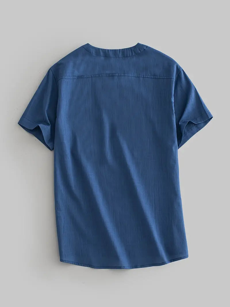 Effen linnen henley shirt met korte mouwen