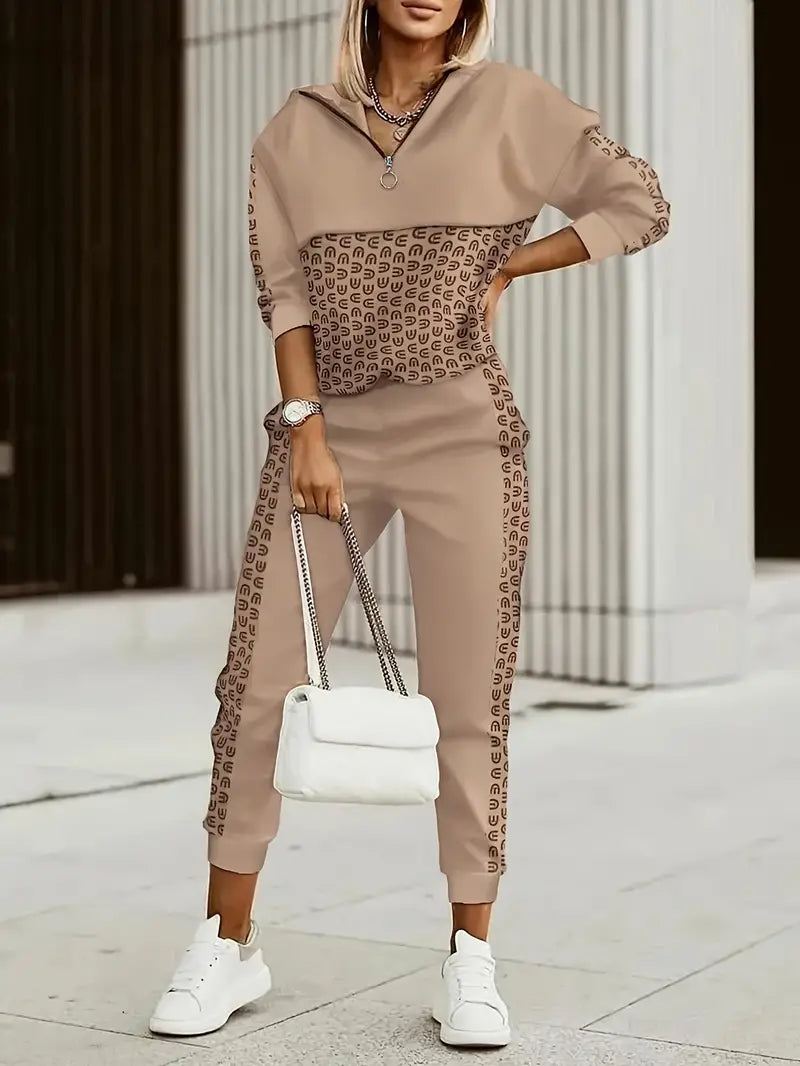 Vica - Casual hoodie met lange mouwen en kwart rits en slim-fit joggingbroek