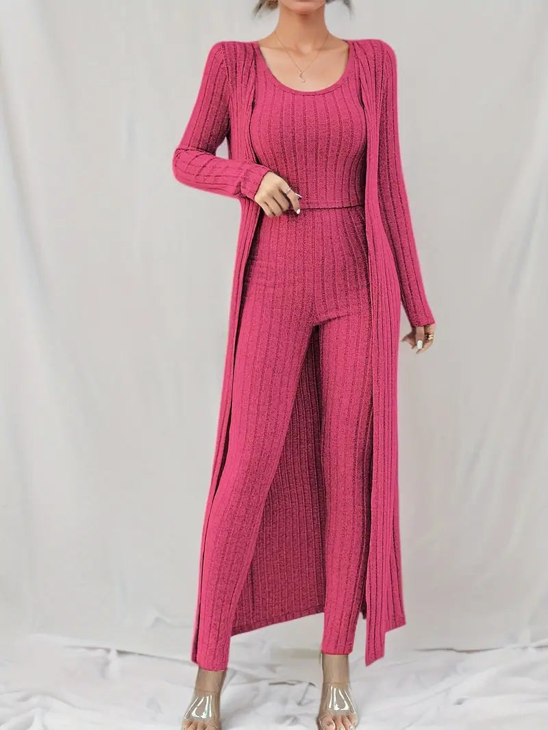 Lulu - Chique set bestaande uit een geribde trio crop tanktop, vest met lange mouwen en broek met hoge taille