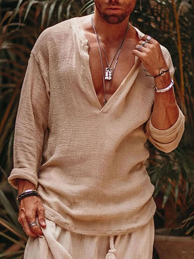 Roderick | Casual Lange Mouw V Hals Linnen Shirt