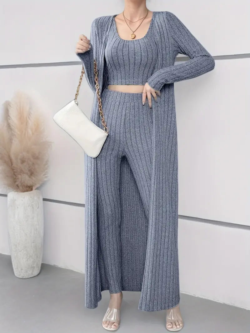 Lulu - Chique set bestaande uit een geribde trio crop tanktop, vest met lange mouwen en broek met hoge taille