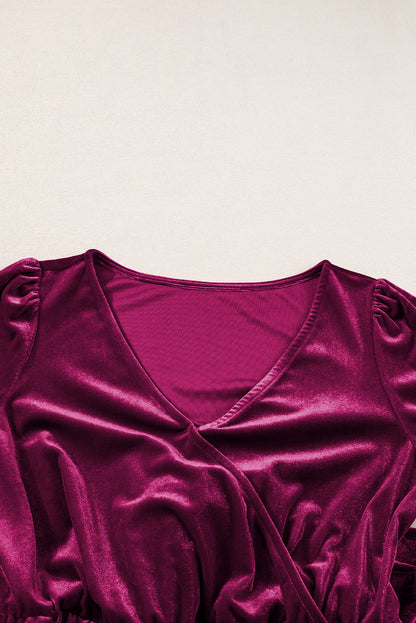 Cosima | Rode Dahlia Fluwelen Romper met Ruches Mouwen