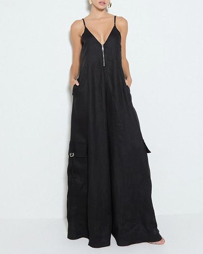 Thora | Effen kleur rits jumpsuit met wijde pijpen