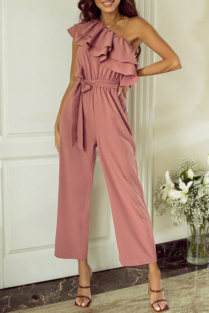 Rosanna | Stoffig roze jumpsuit met één schouder en ruches