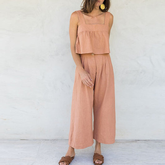 Janeya - Katoenen linnen top en wijde broek set