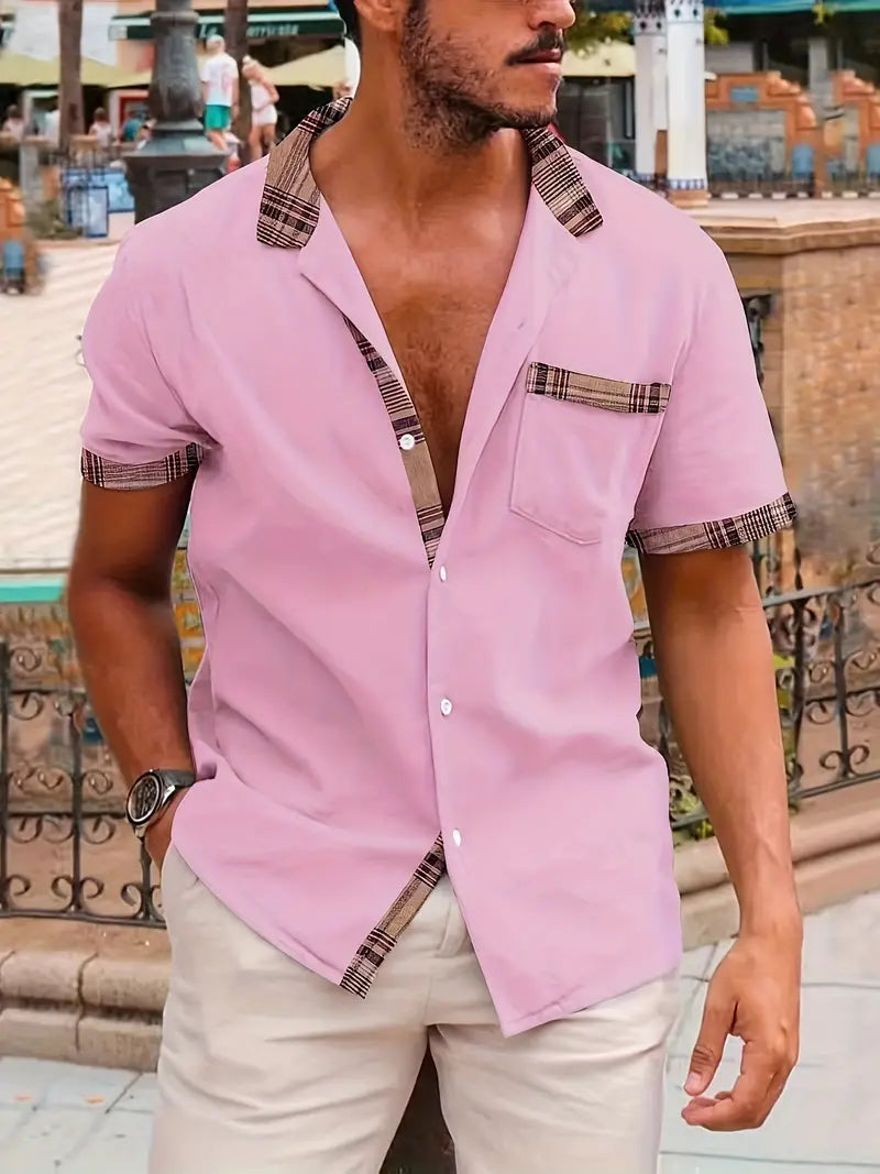 Comfortabel geruit overhemd van katoen en linnen met korte mouwen