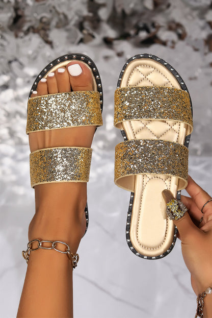 Davina | Gouden glinsterende platte slippers met dubbele bandjes