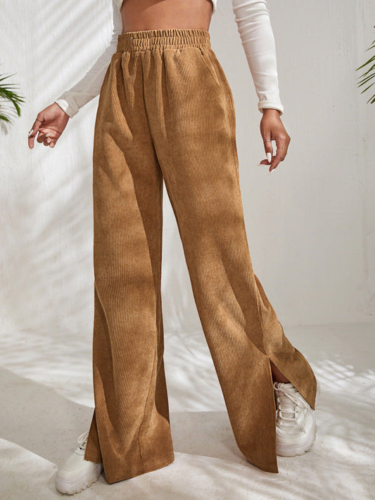 Katalin | Corduroy panel split broek met hoge taille