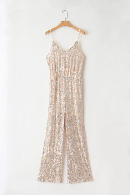 Rhoda | Goudkleurig lovertje V-hals mouwloos jumpsuit