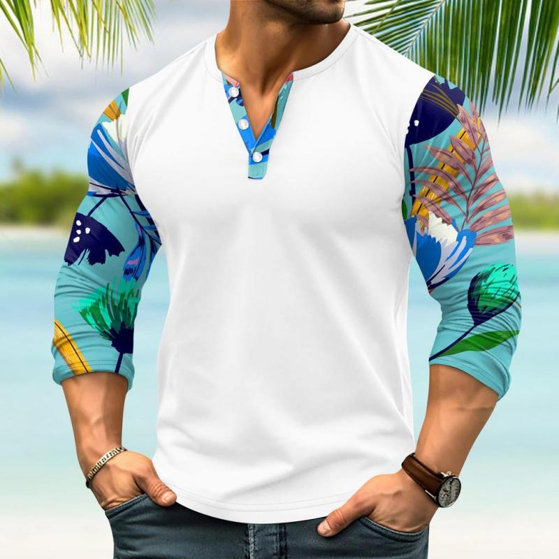 Benedict | Gedrukt Stiksel Henley Kraag Lange Mouw T-shirt