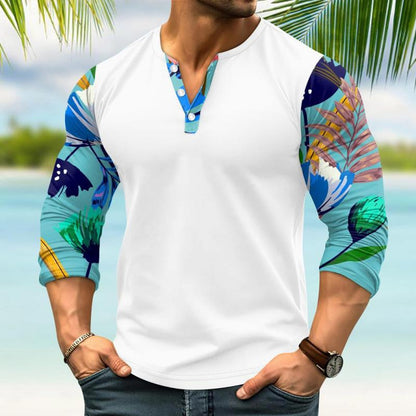 Benedict | Gedrukt Stiksel Henley Kraag Lange Mouw T-shirt