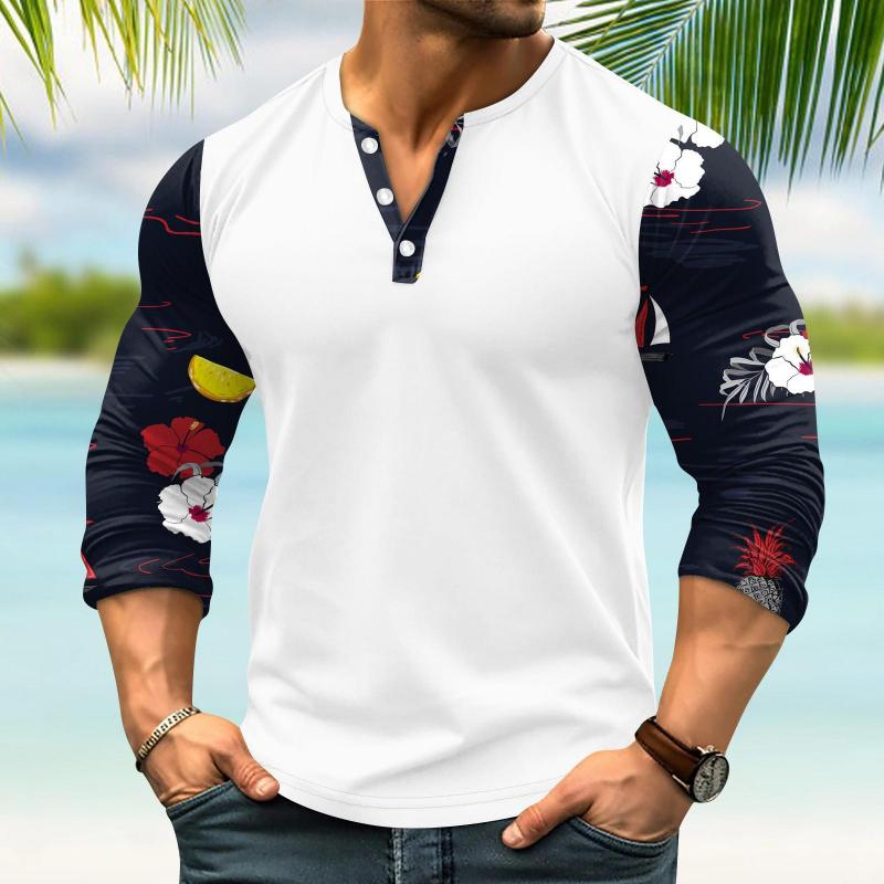 Benedict | Gedrukt Stiksel Henley Kraag Lange Mouw T-shirt